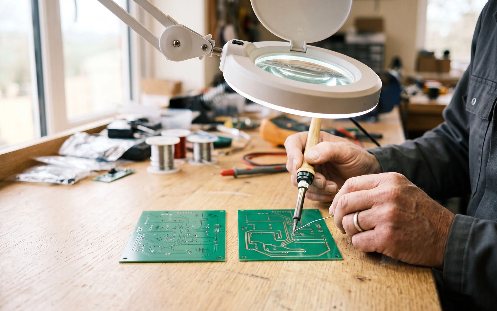 Büyüteçli lamba altında iki prototip baskı devre kartını inceleyen elektronik tasarım mühendisi